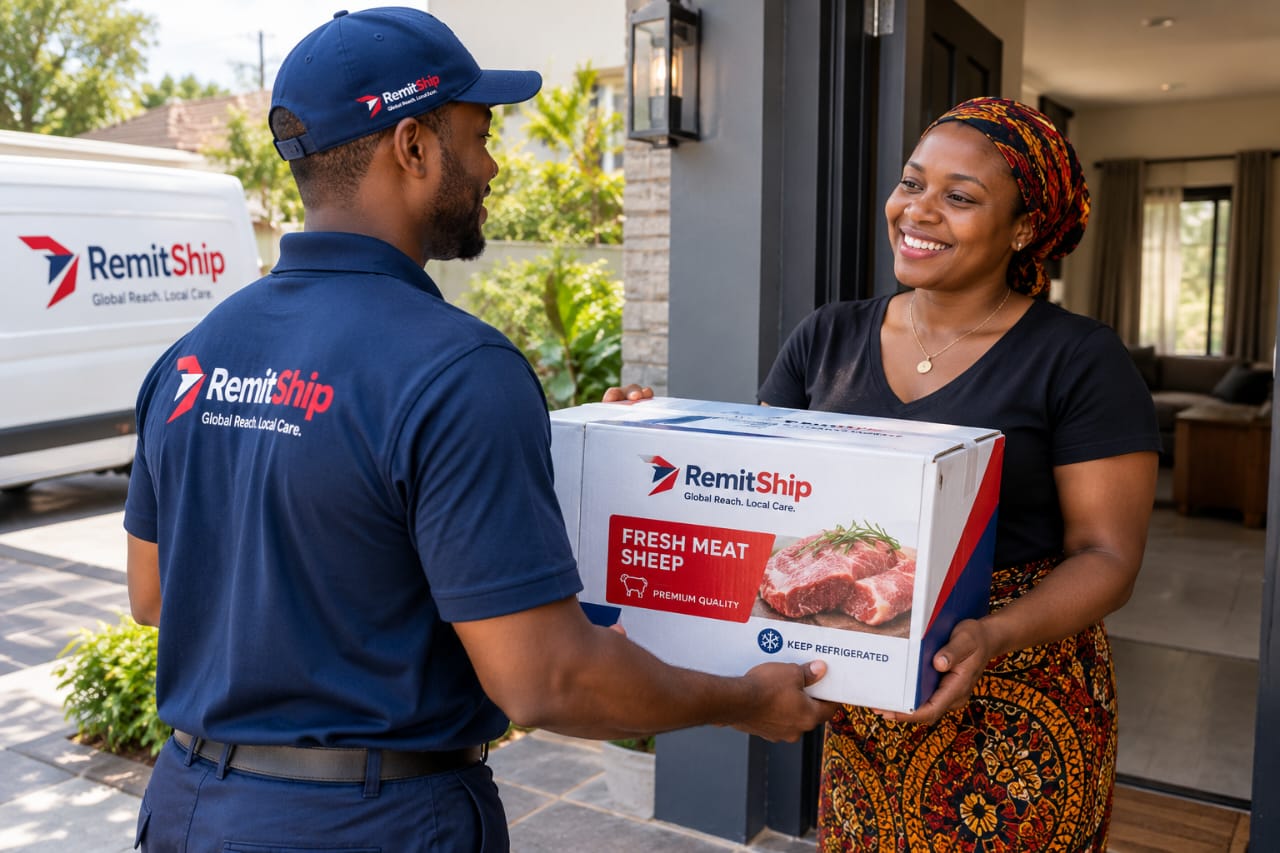 RemitShip courier handing a parcel to a smiling customer at her front door