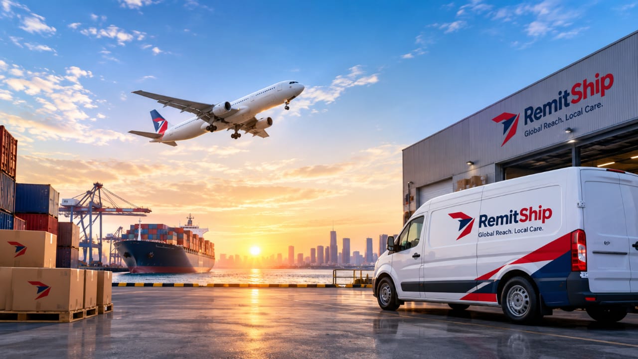 RemitShip cargo plane, container ship and delivery van at a port at sunset
