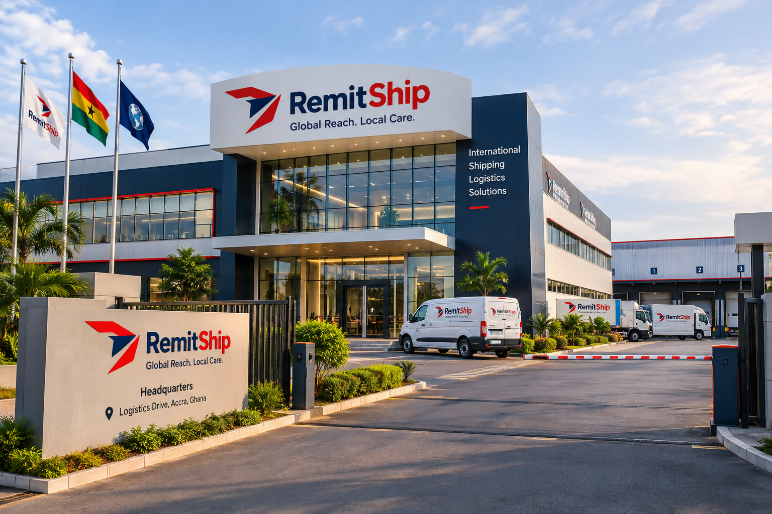RemitShip headquarters with branded delivery vans at the gate